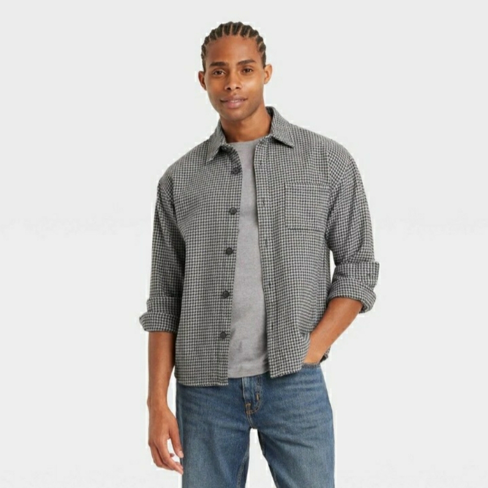 Black and White Houndstooth Button-Up Flannel Shirt